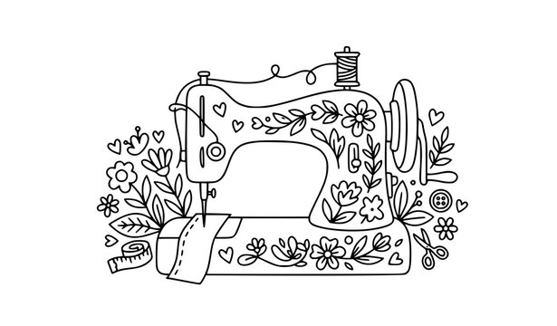 Cute Sewing Machine Floral Illustration Vector with Doodle Style for Handmade and Fashion Projects