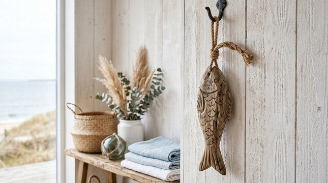 Coastal decor with a wooden fish and plants against a natural backdrop