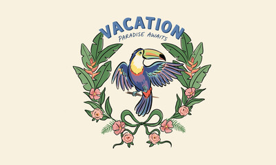 Obraz premium Retro toucan paradise vacation graphic with tropical flowers and banana leaves for t-shirt design.