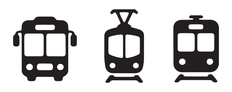 Public transportation front view icons including bus tram and train for city transit map symbols.