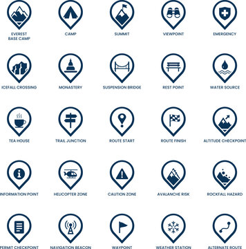 Mount Everest Trek Navigation Icon Collection for Trail Maps and Expedition Systems Vector