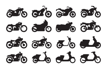 Fototapeta premium Large motorcycle and scooter silhouette collection showing diverse motorbikes and urban moped shapes.
