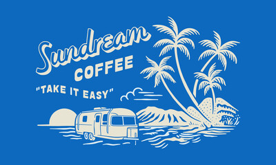 Obraz premium Vintage retro illustration of a travel trailer parked by palm trees for a coffee brand badge.