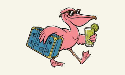 Obraz premium Cartoon of a cool pink bird traveling with a blue suitcase and holding a tropical lime cocktail