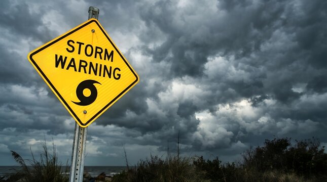 Storm Warning sign, a bright yellow diamond-shaped road sign indicating severe weather ahead, hurricane symbol, dark ominous clouds, dramatic sky, natural disaster alert