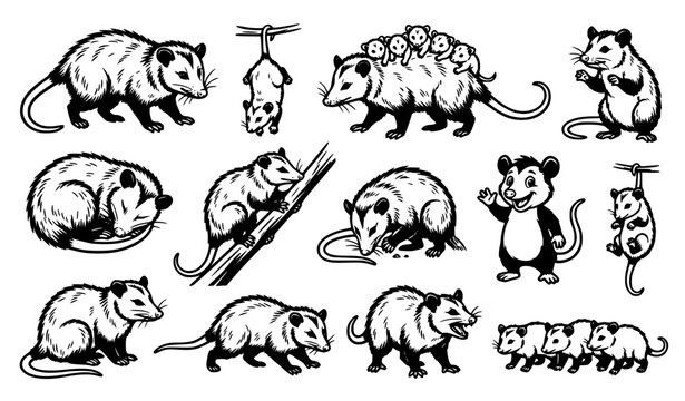 Cute Opossum Vector Character Set Featuring Black and White Wildlife Line Art with Babies in Playful Poses for Kids Coloring Book Graphic Designs