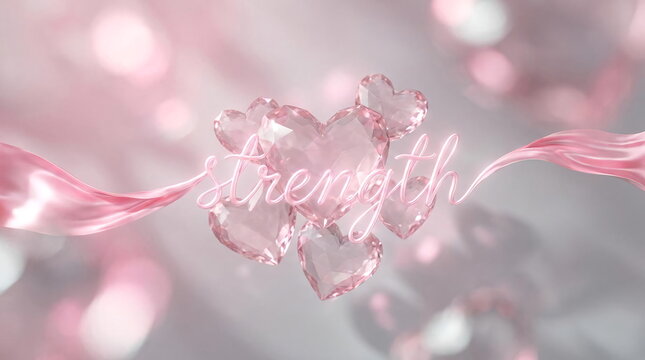 Strength text with pink crystal hearts on soft background.
