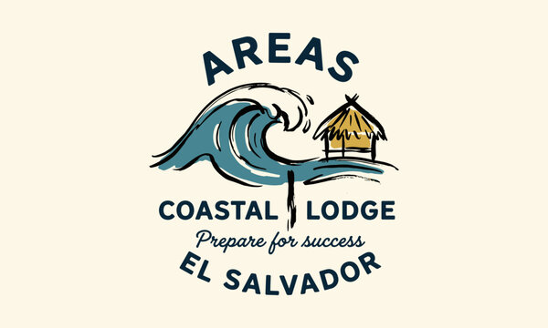 Vintage coastal lodge logo with a crashing wave and beach hut design for El Salvador surfing.