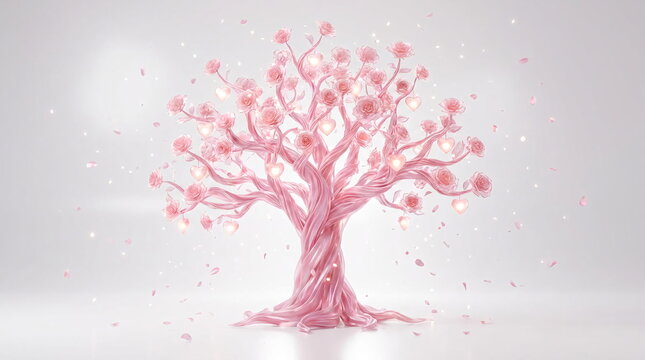 Stylized pink silk tree with floating cherry blossom petals
