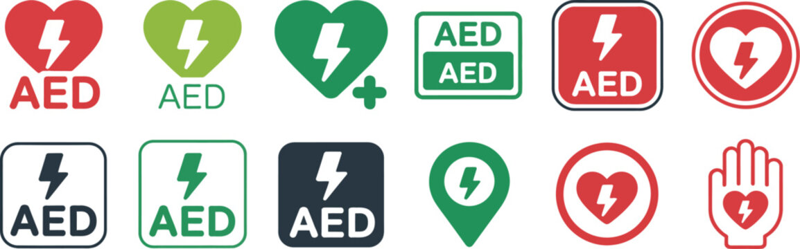 Automated External Defibrillator Icon Collection Featuring AED Emergency Signs in Multiple Colors for Healthcare and Safety Environments