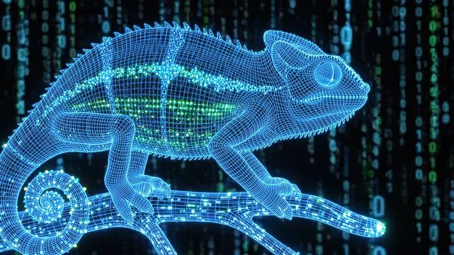 Futuristic digital chameleon wireframe animation with glowing data matrix background.