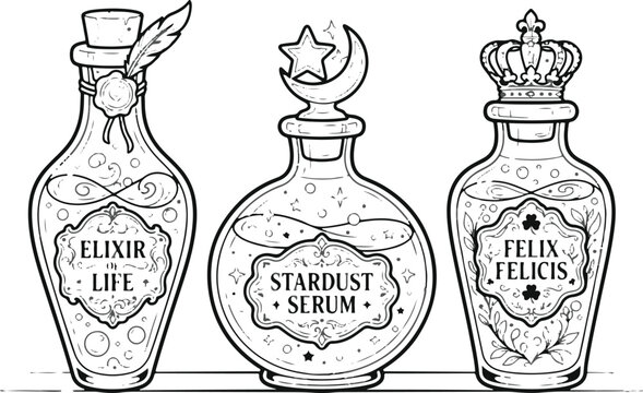 Hand drawn magical potion bottles with labels for coloring page