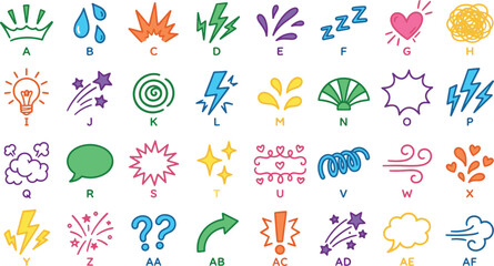 Set of colorful hand-drawn doodle manga expression symbols and emotional effect icons with expression surprise confusion question lightning colorful collection language communication © tecna