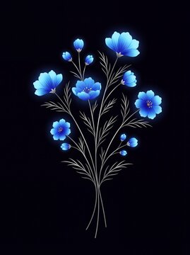 Beautiful glowing blue flowers bouquet illustration on black background