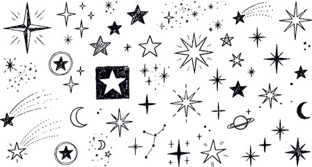 Collection of hand-drawn doodle stars and celestial night sky elements with celestial astronomy decoration handdrawn collection universe astrology constellation decorative doodling © tecna
