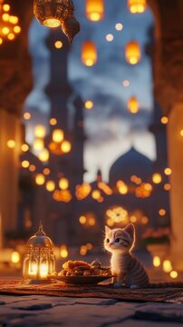 Adorable kitten sits by a lantern on a stone floor with a mosque and glowing lights in the