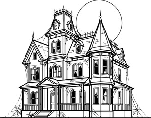 Fototapeta premium Spooky Victorian Haunted House with Cobwebs and Full Moon Illustration