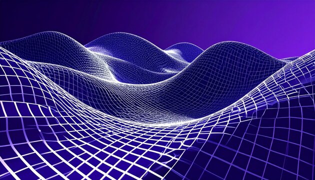 Abstract 3D wireframe grid with flowing wave distortion. Futuristic digital mesh background for high-tech design projects.