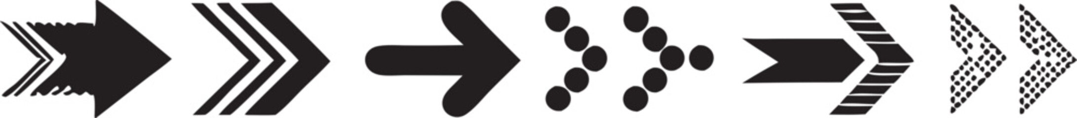 Obraz premium Set of dotted arrows in various styles. Dotted arrows pointing right. Arrows in black dots. Dotted arrow designs on grid background. Directional dotted arrows.