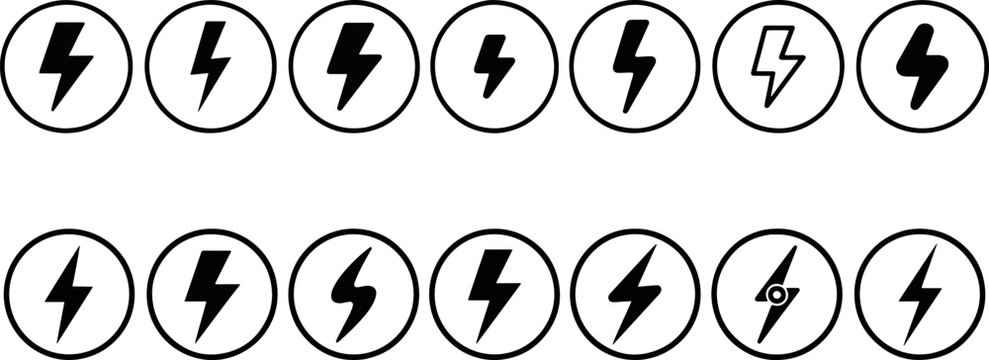 Set of black lightning bolt symbols and electric strike icons in circles with lightning electricity electric collection isolated illustration silhouette abstract