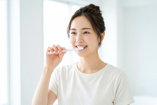 洗面所で朝の歯磨きをする笑顔の若い日本人女性｜オーラルケア・デンタルケアのイメージ