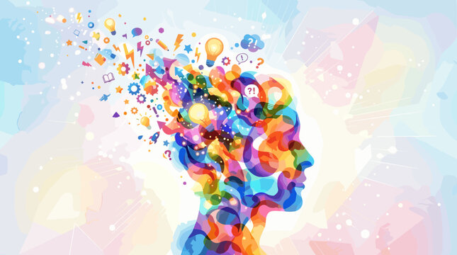 Abstract representation of human head with colorful ideas exploding  
