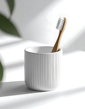 Bamboo toothbrush in white ceramic holder on shelf.