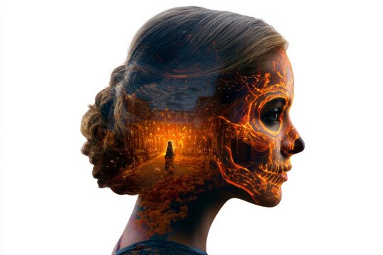 Calavera Woman Blended With Glowing Marigold Street