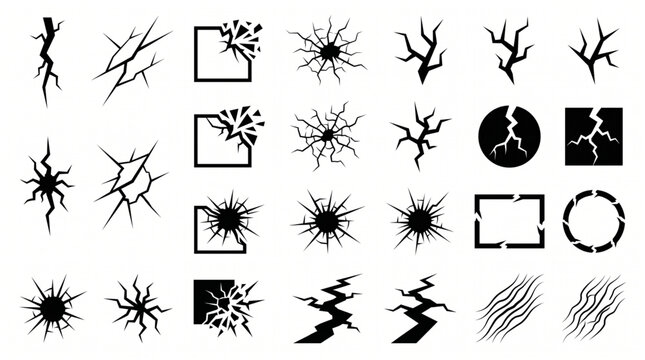 Cracked surface and shattered glass vector icon set, collection of broken wall fractures and earthquake fault line symbols, concrete damage silhouettes, glass hole destruction graphic elements.