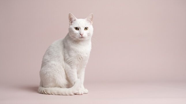 White cat sitting calmly on soft background
