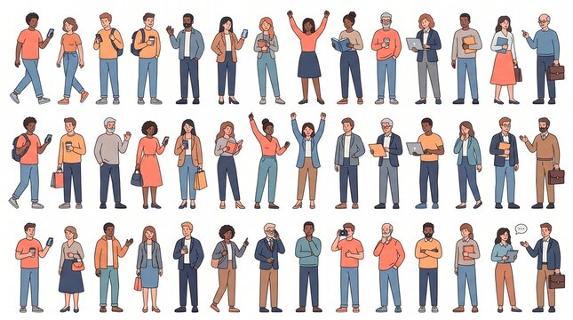 "Create a premium flat vector illustration collection featuring 36 diverse people characters arranged in a clean 3&times;12 grid on a white or transparent background. The collection should depict modern adu