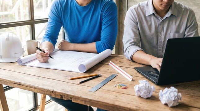 Two men working at a wooden desk with a blueprint and a laptop computer featuring a white hard hat pencils a metal ruler and crumpled paper balls in a bright office setting with window light
