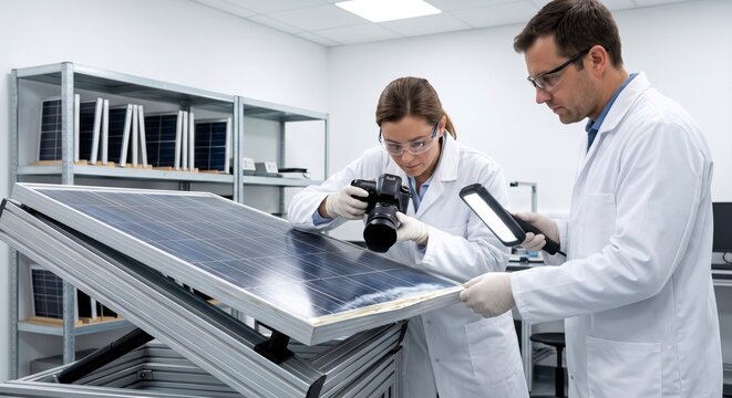 Solar cell inspection in laboratory with scientist examining panel quality and light reflection