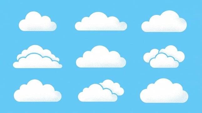 "Create a premium flat vector collection featuring nine unique fluffy cloud illustrations arranged in a clean 3&times;3 grid on a bright sky-blue background or transparent background. Each cloud should have
