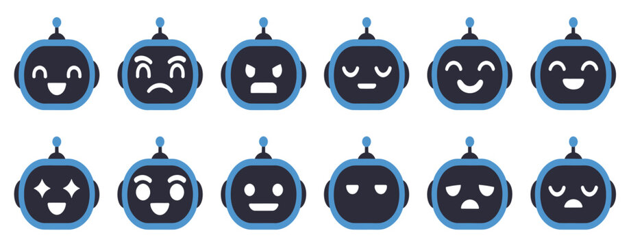 AI chatbot robot head icons featuring emotions, facial expressions, happy, sad, angry, surprised moods for mobile app UI UX design.
