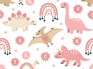Cute pink dinosaur seamless pattern with rainbows and nursery alphabet © Leos