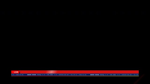 live financial news ticker displaying real-time market updates for stocks bitcoin oil and gold prices on a dark background.