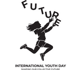 Obraz premium Girl Silhouette Jumping Forward with Raised Hands and Future Letters, International Youth Day Concept Design