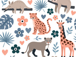 Fototapeta premium Cute cartoon wild animal seamless pattern for nursery decor and kids textile design.