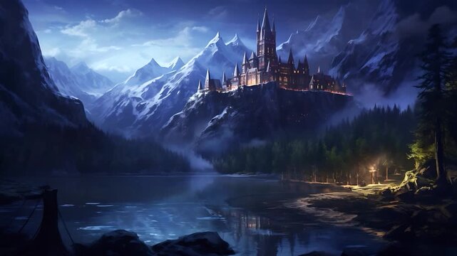 Mystical Castle on a Tranquil Lake: An imposing castle, reminiscent of ancient fortresses, rests majestically on a mountain overlooking a serene, moonlit lake.