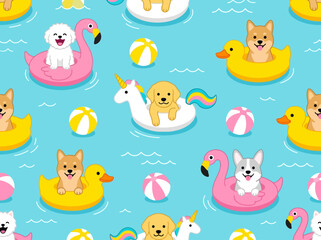 Fototapeta premium Seamless Pattern of Cute Cartoon Dogs on Colorful Inflatable Pool Floats