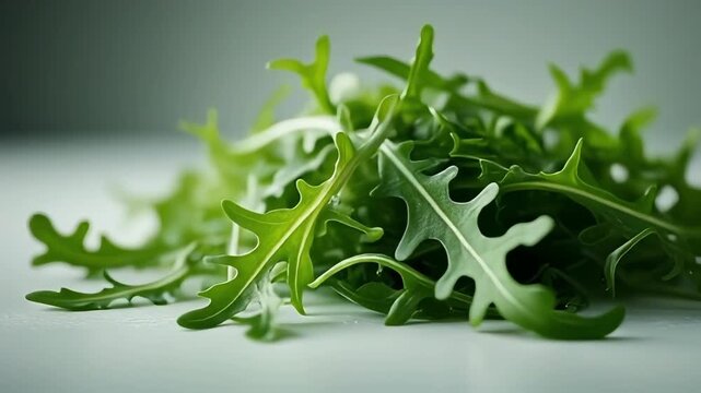 Macro video of fresh arugula being placed on a white surface, captured in slow motion