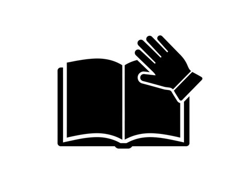 Vector graphic design of an open book with a hand, signifying wisdom, learning, legal documentation, or a solemn pledge. Perfect digital icon for educational and instructional content