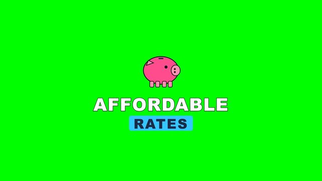 4K green screen AFFORDABLE RATES home services badge - a piggy bank and a coin, animated contractor promo overlay for trades and local business marketing, chroma key