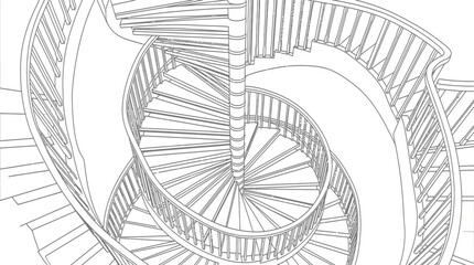 Fototapeta premium Spiral staircase technical line drawing in perspective view