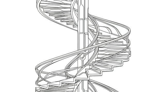 Elegant spiral staircase architectural line drawing with railing