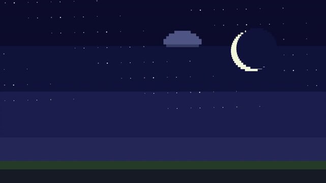 Pixel Art Night Sky Crescent Moon Stars Clouds 8 Bit Retro Game Background Looping Animation
