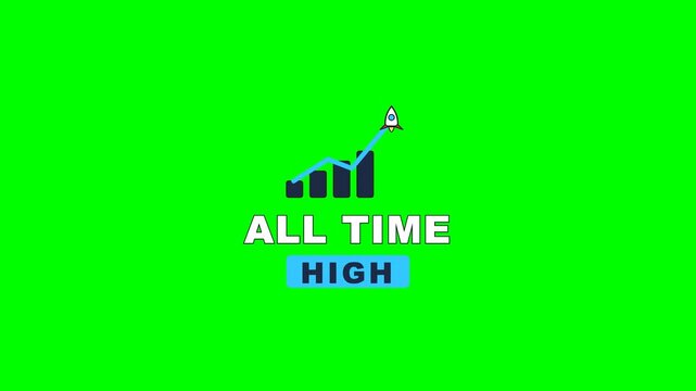 4K green screen ALL TIME HIGH trading badge - a rising chart and a rocket, animated crypto stock market overlay for finance and trading content, chroma key