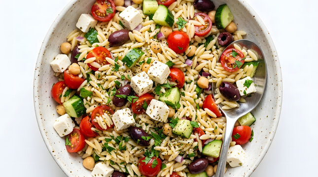 A colorful Greek-style orzo pasta salad with cherry tomatoes, cucumber, feta, olives, and chickpeas.