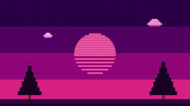 Pixel Art Synthwave Retro Sun Palm Trees 8 Bit Purple Pink Sky Game Background Looping Animation